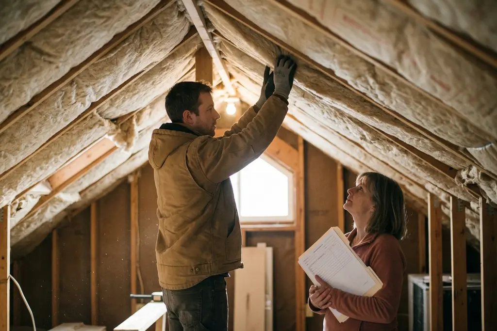 Installer fitting insulation batts between attic rafters above a homeowner holding a folder of blank forms