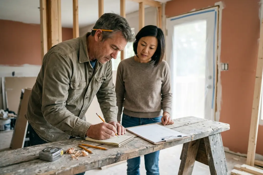 Contractor noting payment milestones in a notebook on a workbench while a homeowner watches