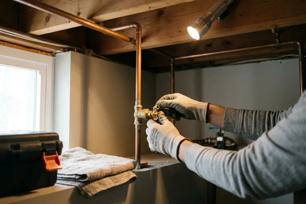 Hands turning the main water shut-off valve in a basement utility corner beside a lit flashlight