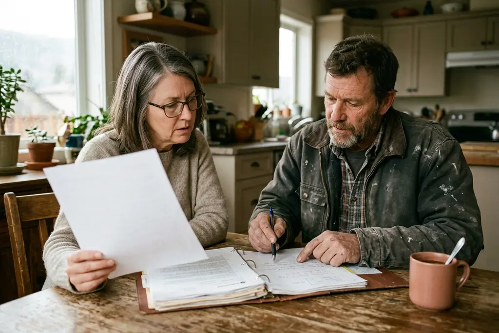 Homeowner and contractor comparing blank insurance pages from an open site folder at a kitchen table