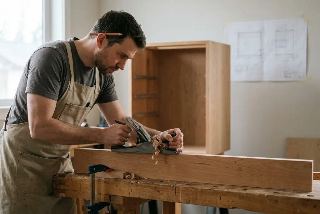 Carpenter hand-planing a solid alder board on a bench beside a half-built cabinet carcase