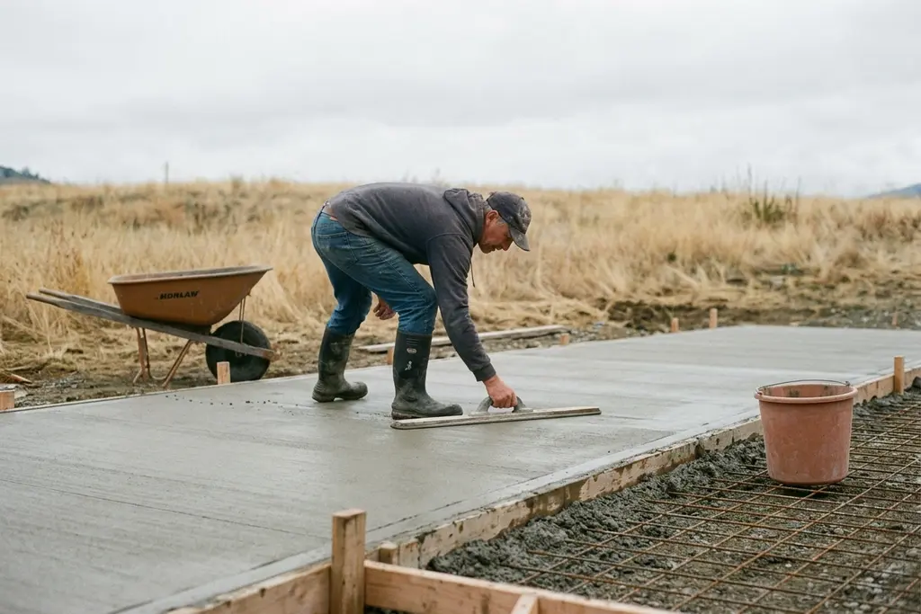 Concrete finisher bull-floating a fresh driveway slab with rebar mesh at the unscreeded edge
