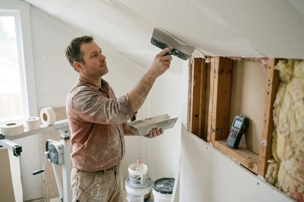 Drywaller taping a ceiling joint beside an opened wall with insulation batts and a moisture meter