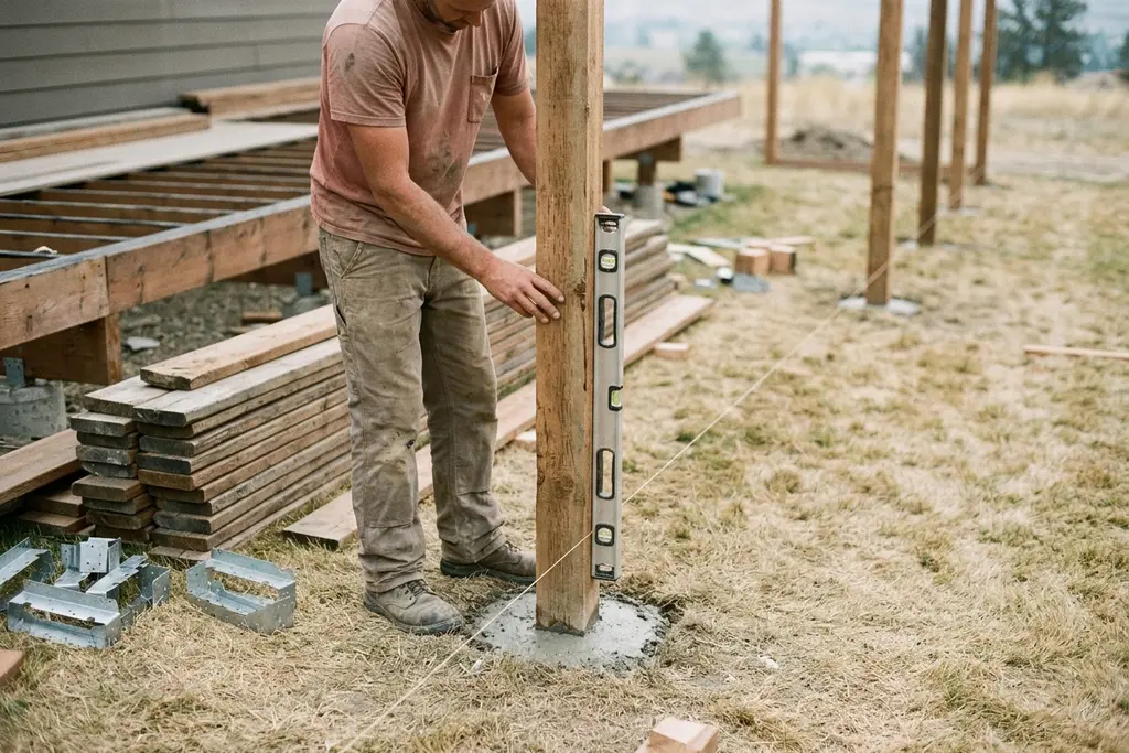 Builder setting a cedar fence post in a concrete footing beside a string line and stacked deck lumber