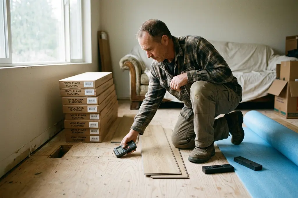 Flooring contractor checking subfloor moisture beside stacked boxes of new plank flooring