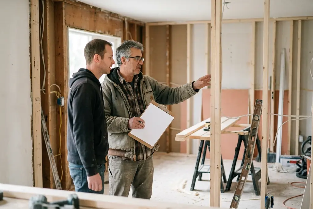 General contractor and homeowner in a gutted room with exposed framing and a blank scope sheet