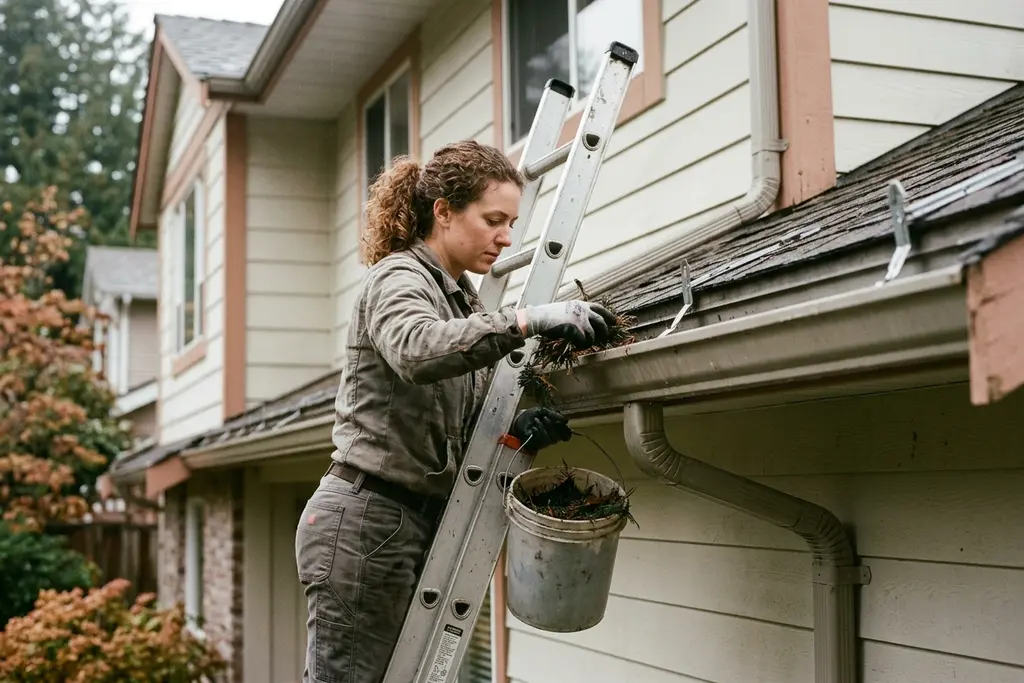 Technician on a ladder clearing wet needles from a house eavestrough with a gloved hand