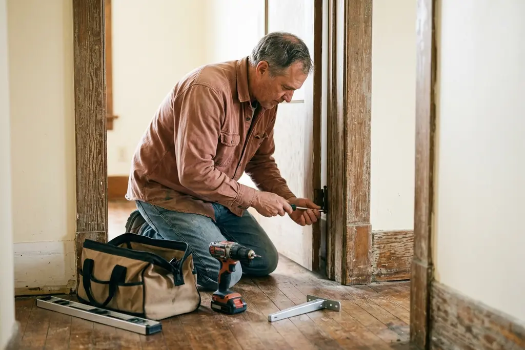 Handyman tightening a loose door hinge with a tool bag and spirit level on the floor beside him