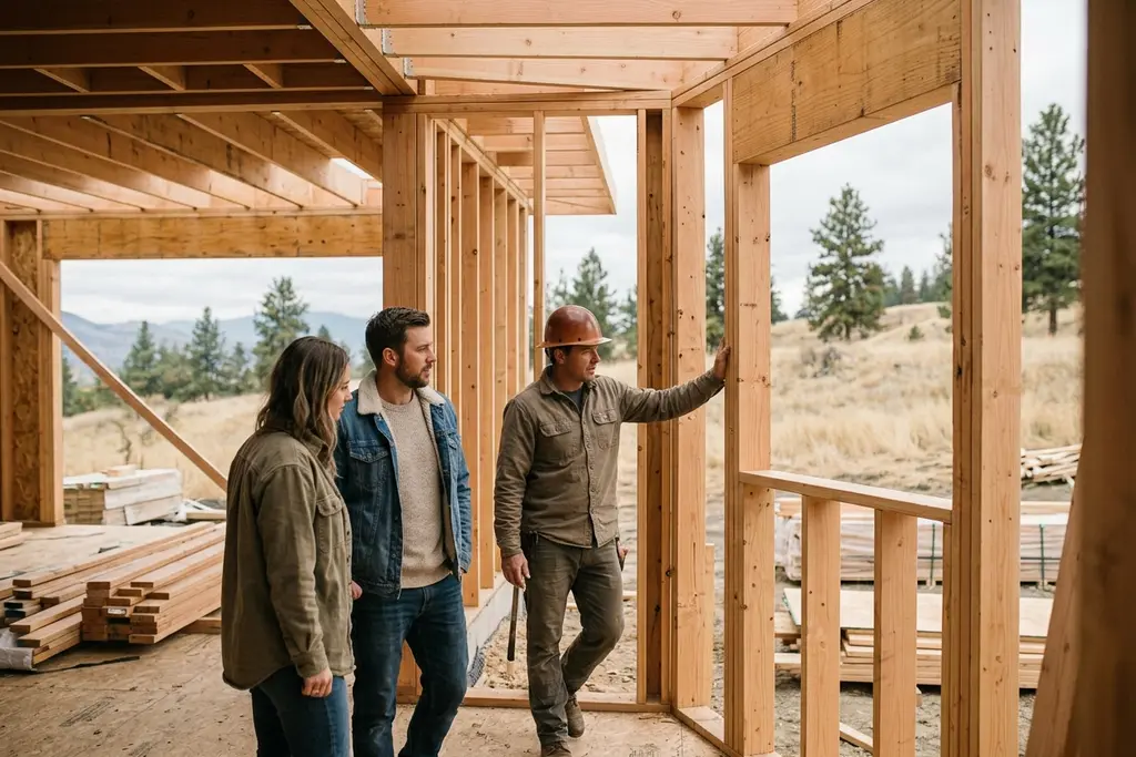 Builder in a hard hat showing a couple the timber framing of a house under construction