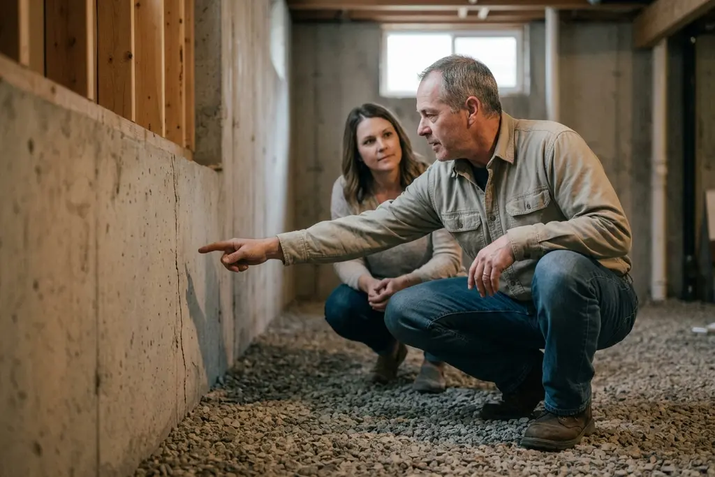 Home inspector crouched at a basement foundation wall pointing at a hairline crack