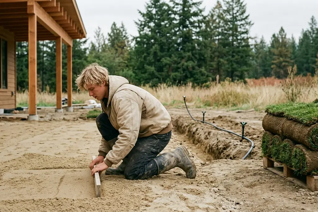 Landscaper levelling a patio base beside rolls of sod and an irrigation trench at a BC home