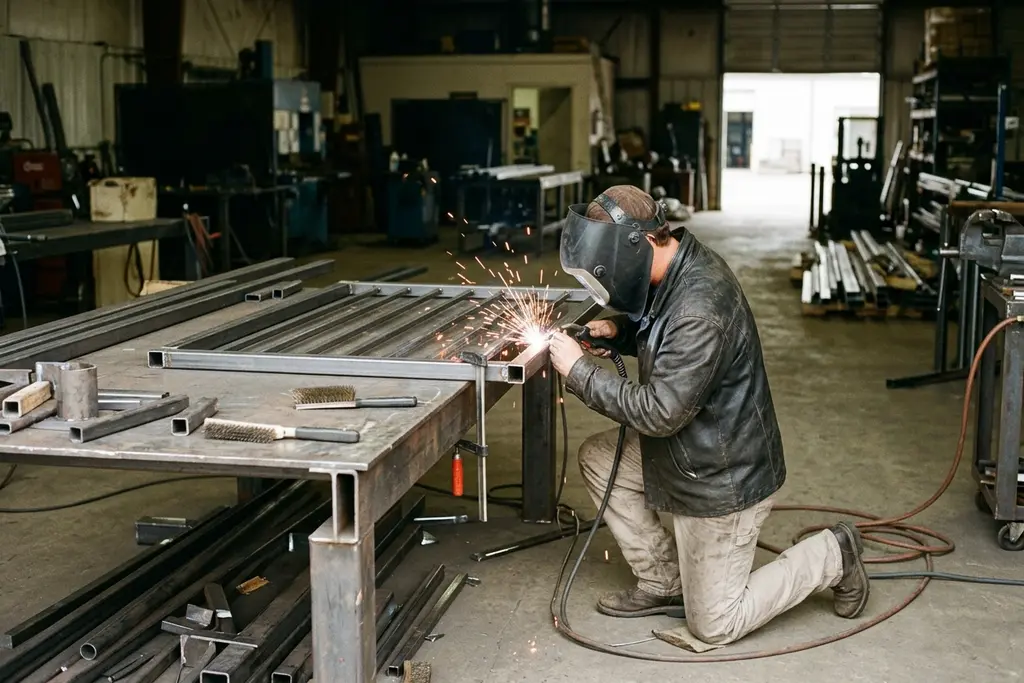 Welder tacking a steel gate frame on a bench, sparks flying in a working fabrication shop