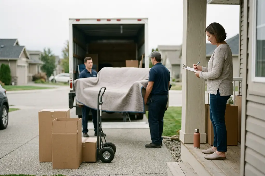 Two movers carrying a blanket-wrapped sofa to a moving truck as the homeowner checks an inventory