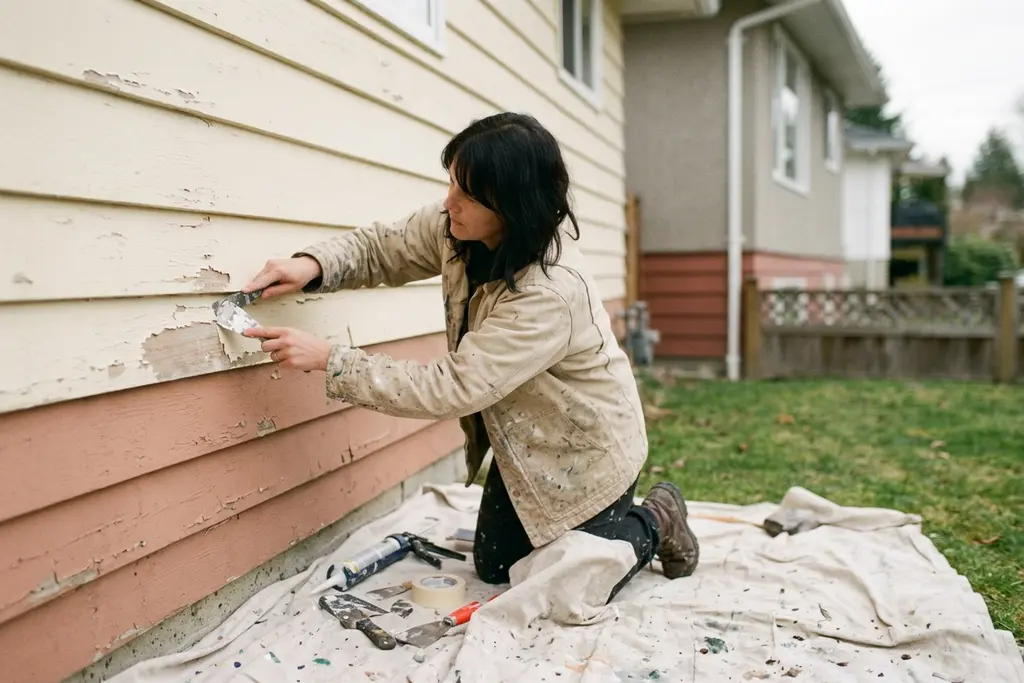 Painter scraping peeling paint from cedar siding, blank colour swatches resting on a sawhorse