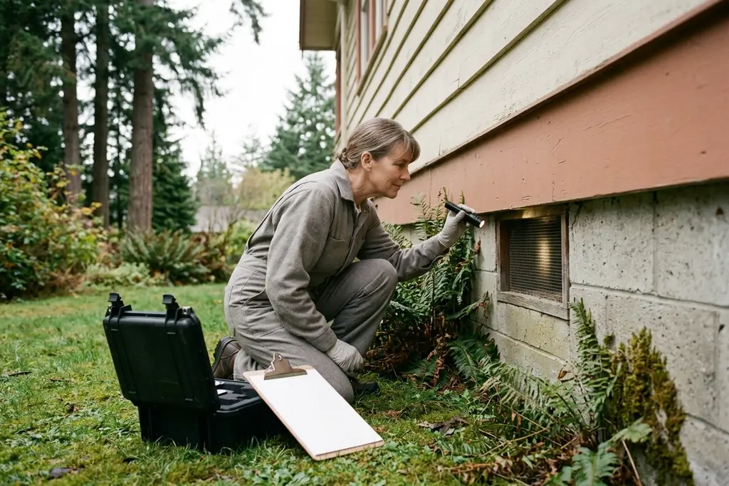 Pest control technician kneeling to inspect a screened foundation vent with a flashlight