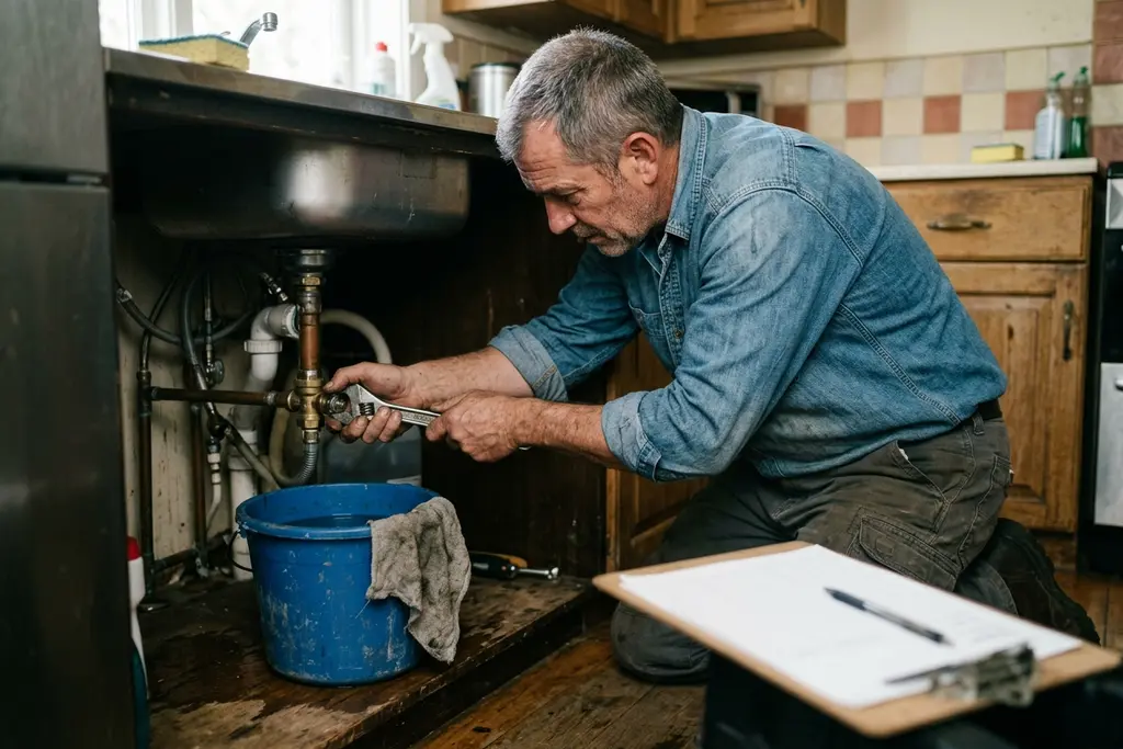 Plumber kneeling under a kitchen sink tightening a shut-off valve beside a blank, angled quote sheet