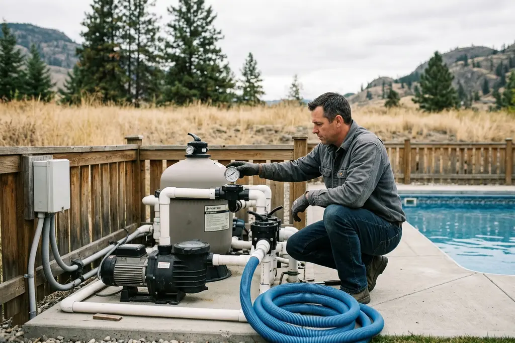 Pool technician checking a pump gauge at a backyard equipment pad beside a small in-ground pool