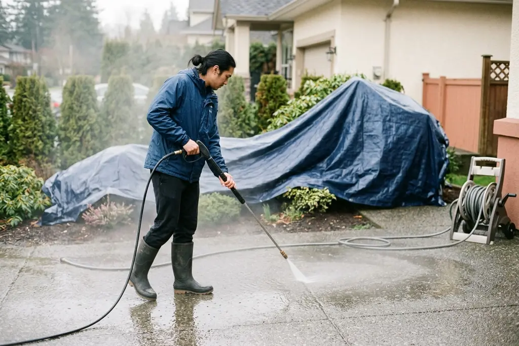 Worker pressure washing a concrete driveway, garden beds covered by a protective tarp