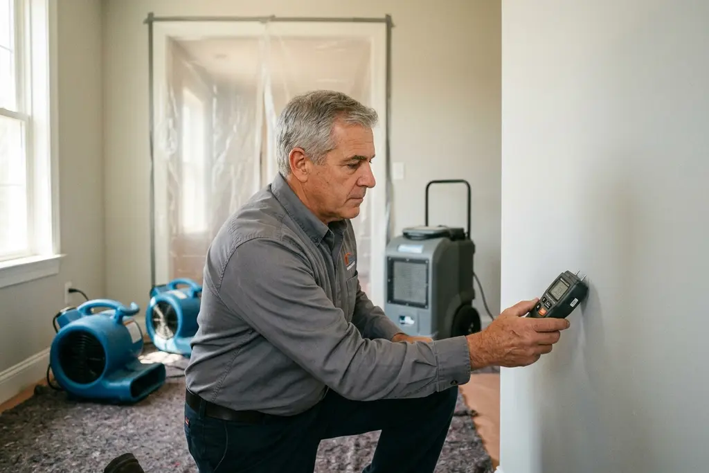 Restoration technician holding a moisture meter to a drywall wall with drying equipment behind him