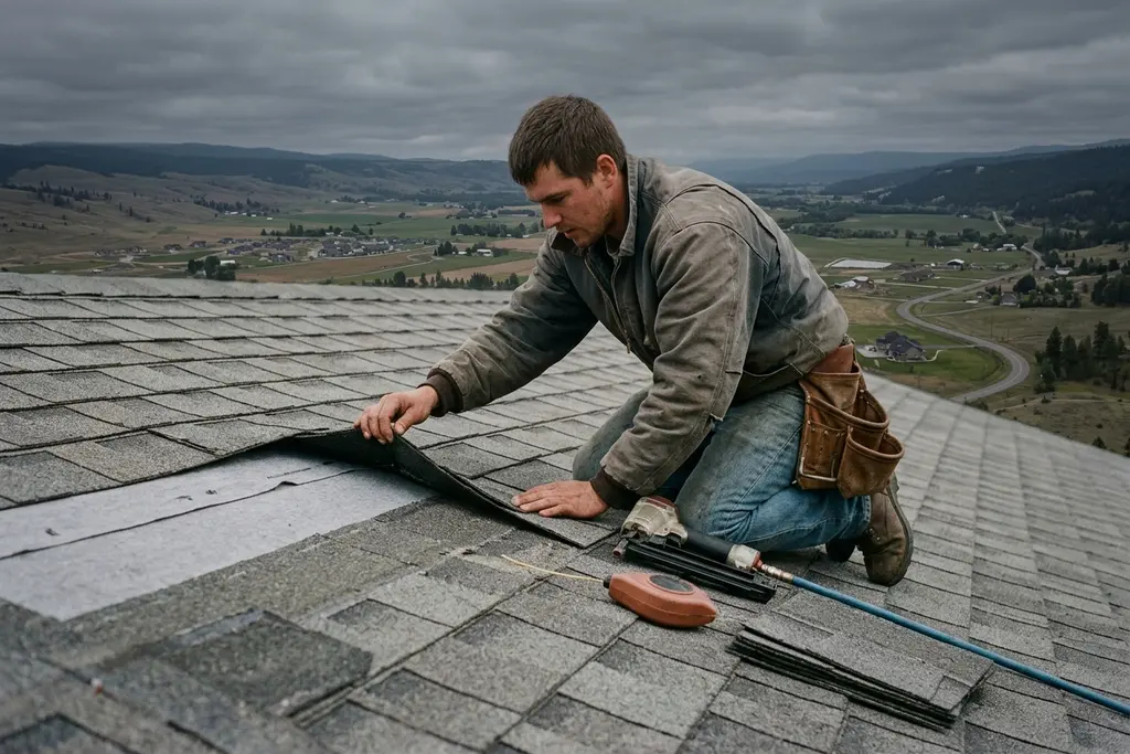 Roofer on a shingle roof lifting a course to reveal underlayment, fir trees and grey hills behind