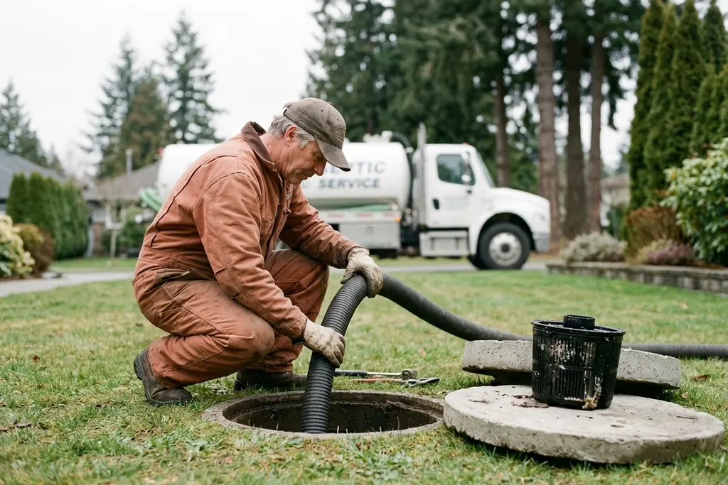 Septic technician guiding a suction hose into an open tank riser, effluent filter cartridge set aside