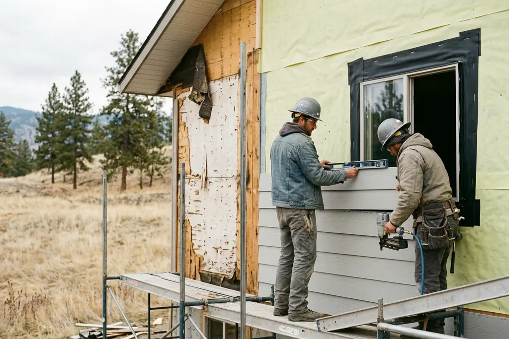 Siding crew on scaffolding nailing a lap board over house wrap and window flashing