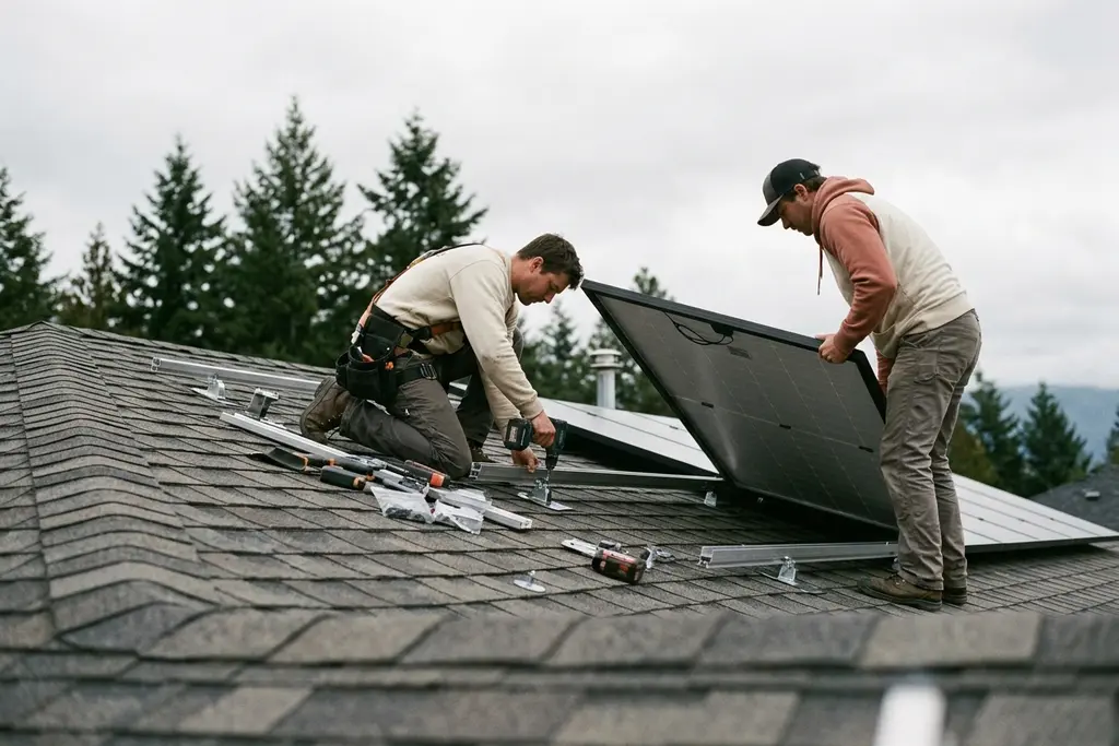 Two installers mounting solar panels on the shingle roof of a BC home under a grey sky