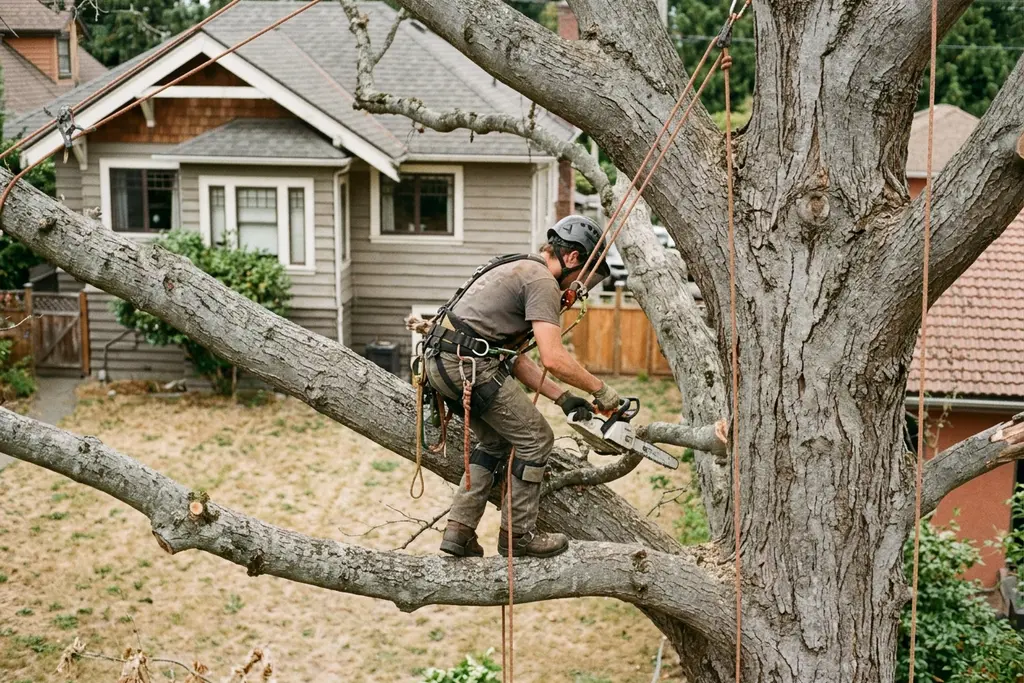 Arborist in a climbing helmet and harness pruning a backyard tree with a handsaw on an overcast day