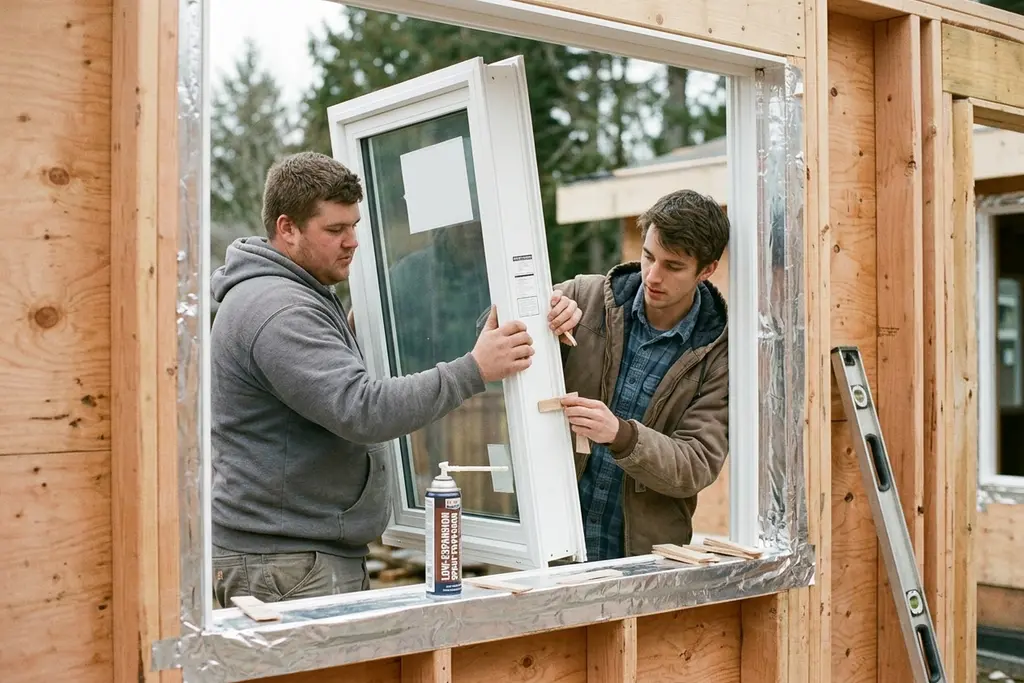 Installers setting a window unit into a rough opening with shims and flashing tape at the sill