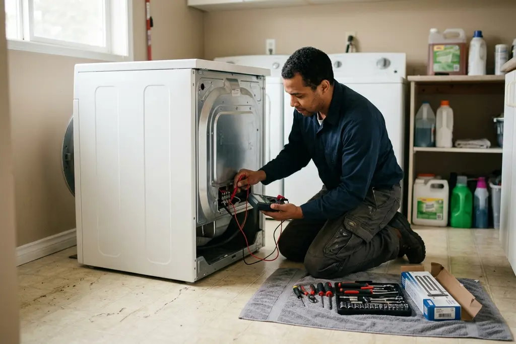 Appliance repair technician testing a pulled-out dryer with a multimeter, tools on a towel beside him