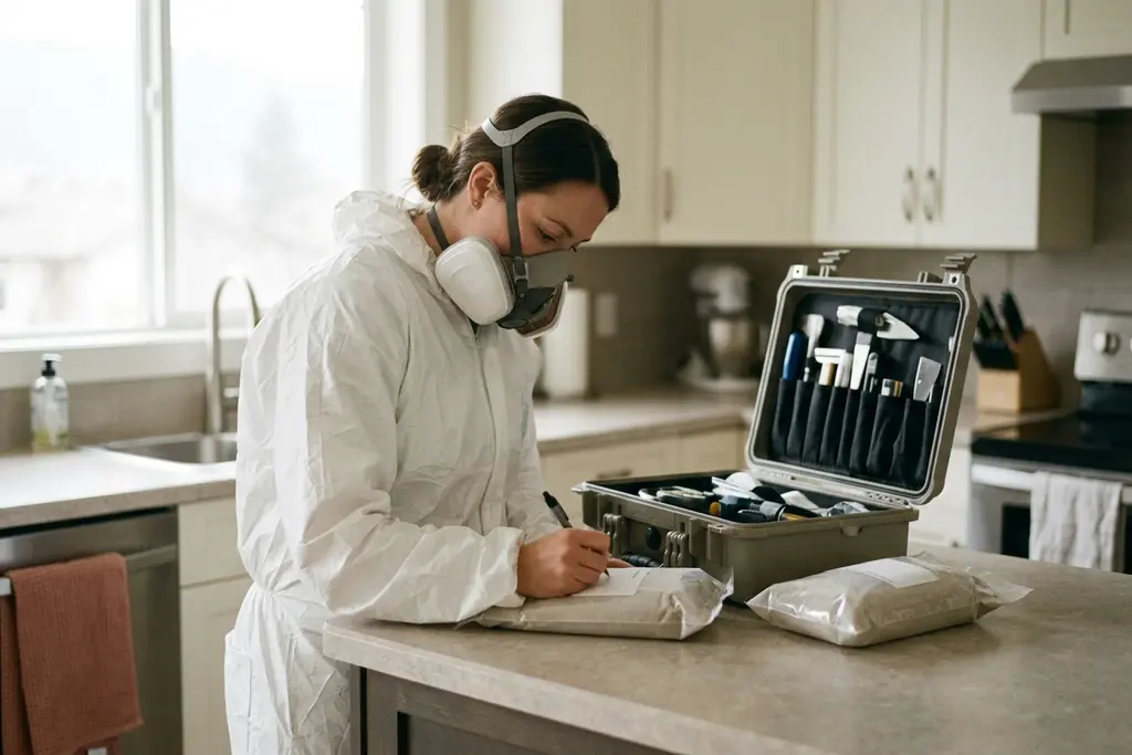 Technician in coveralls and respirator sealing a drywall sample bag beside a case of sampling tools