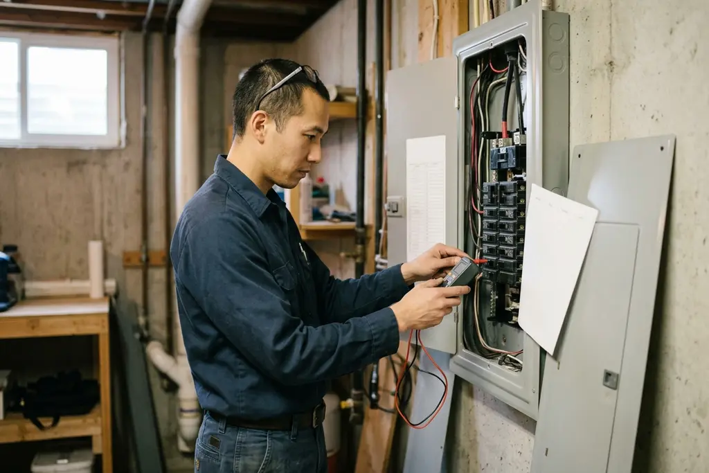 Electrician testing an open breaker panel with a multimeter, blank panel schedule angled away