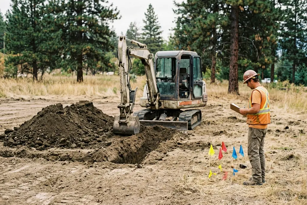 Excavator digging a foundation trench on a residential lot while a worker with a clipboard watches