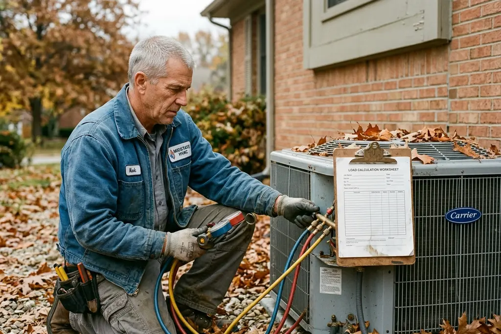 HVAC technician at an outdoor heat pump with service gauges and a blank calculations sheet