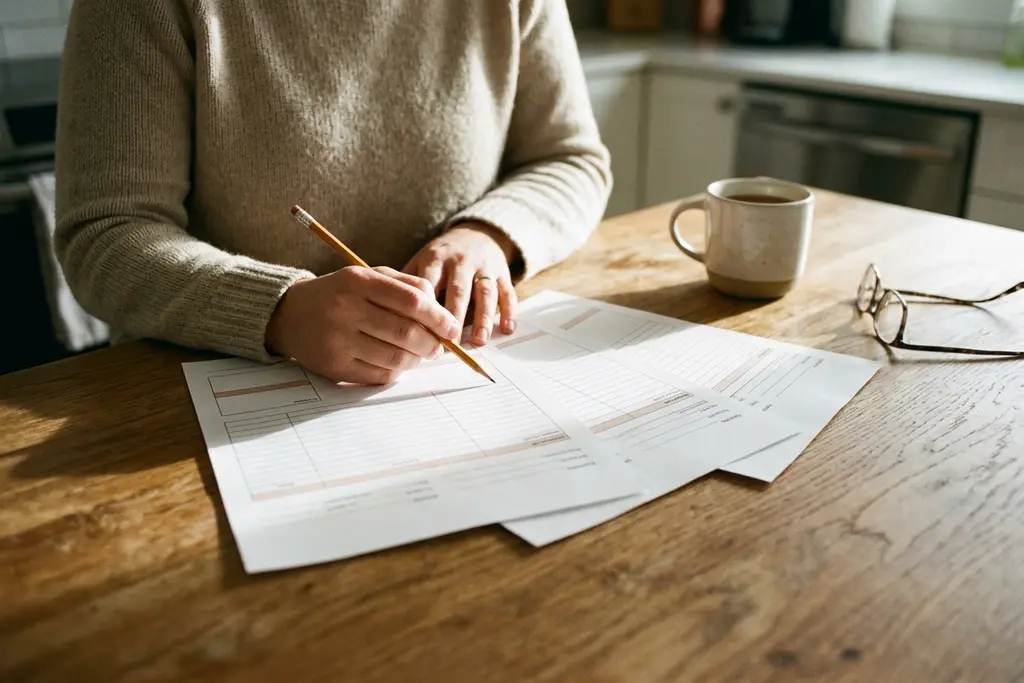 Homeowner comparing three blank quote sheets spread across a kitchen table with a pencil