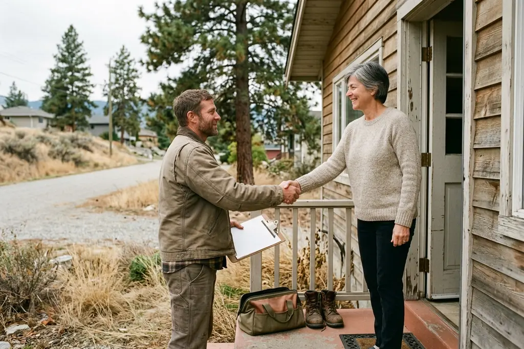 Homeowner and tradesperson shaking hands at a front door with a blank job sheet tucked under one arm