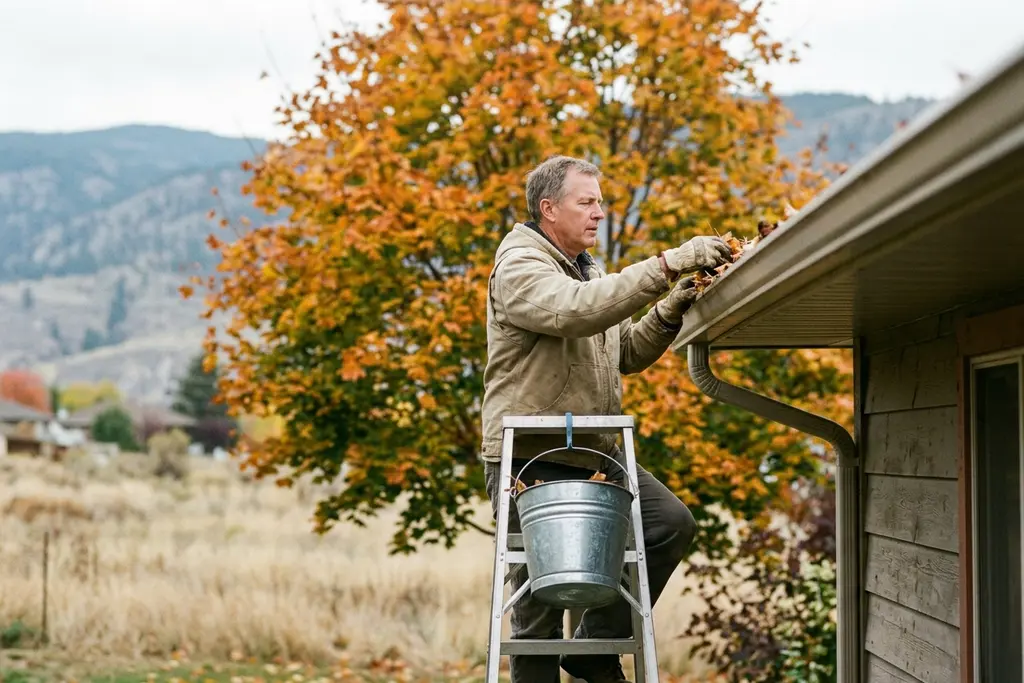 Homeowner on a step ladder clearing autumn leaves from a gutter with a bucket hooked to the rungs