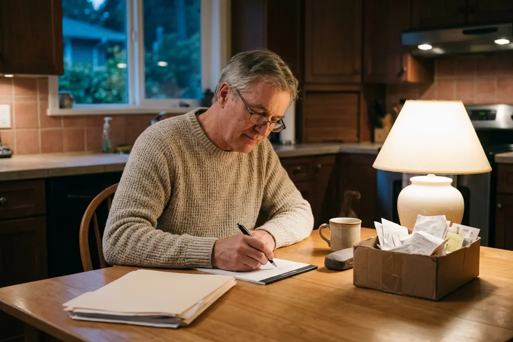 Homeowner writing a letter at a kitchen table with a folder of documents and a box of receipts