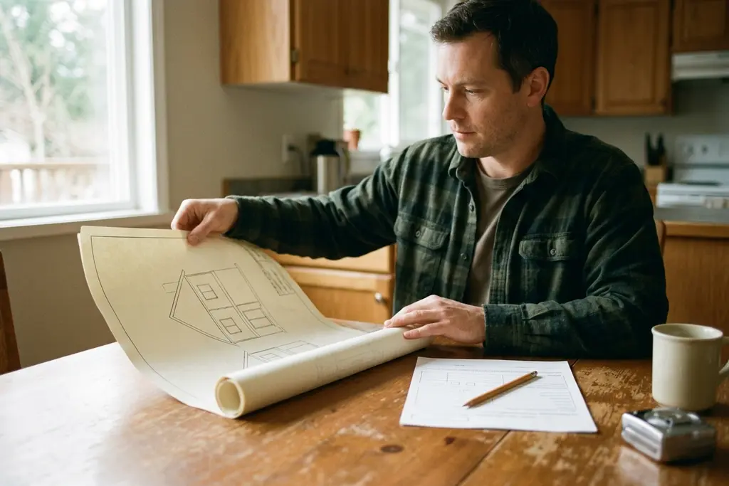 Homeowner unrolling simple house plans on a kitchen table beside a blank application form