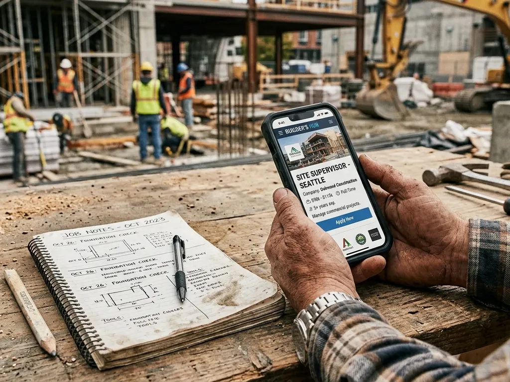 Hands holding a phone over a notebook of job notes on a workbench, with a building site behind