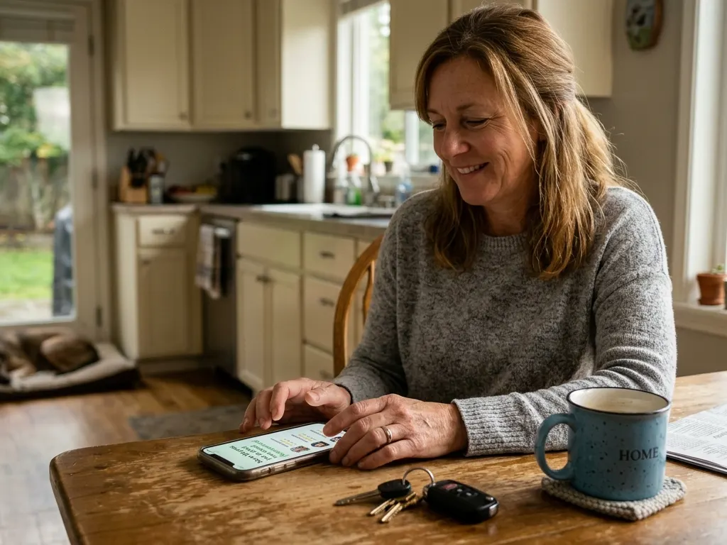 Homeowner smiling at her phone at a kitchen table, keys and a mug beside her