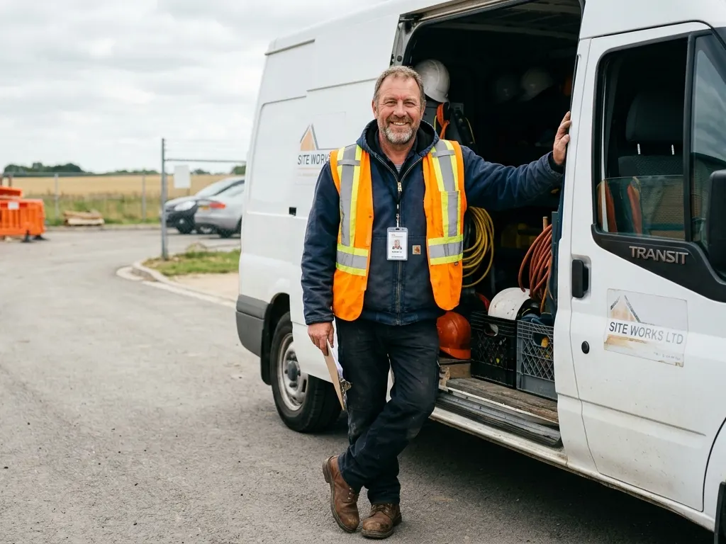 Smiling tradesperson in a hi-vis vest leaning on his work van holding paperwork