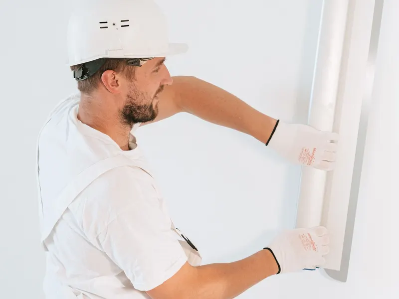 Worker installing drywall