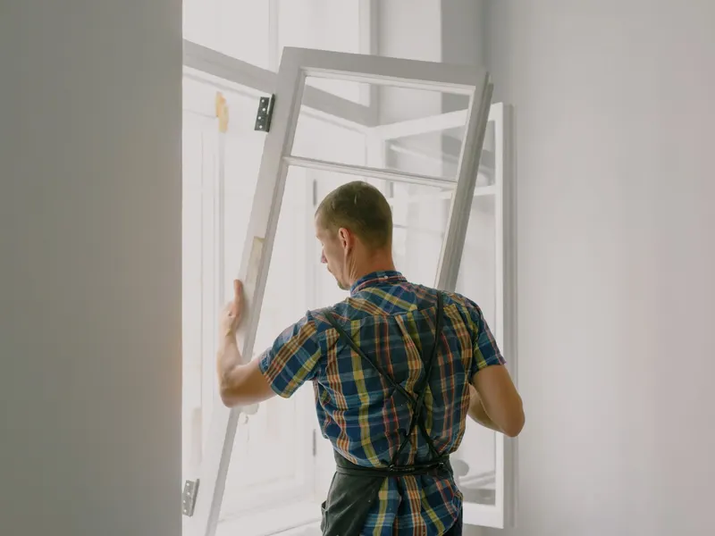 Worker installing a window frame
